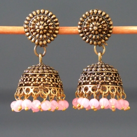 Boucles d'oreilles indiennes Jhumki dorées et roses