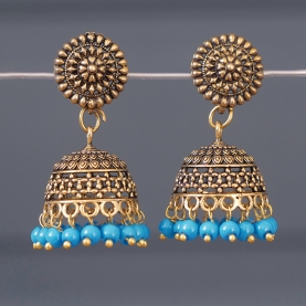 Boucles d'oreilles indiennes Jhumki dorées et cyan