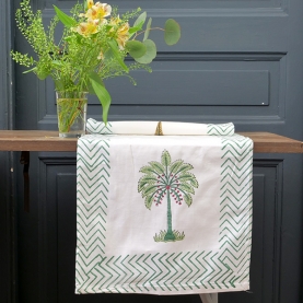 Chemin de table indien artisanal en coton blanc et vert