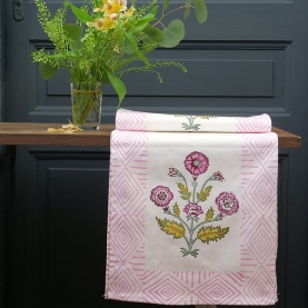 Chemin de table indien artisanal en coton rose et vert