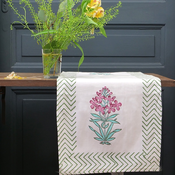 Chemin de table indien artisanal en coton vert et cyan