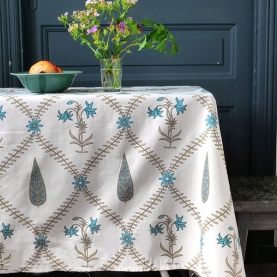 Indian printed cotton table cover blue and grey