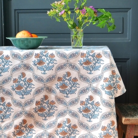 Indian printed cotton table cover blue and beige