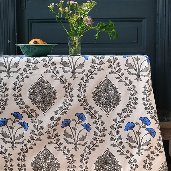 Indian printed cotton table cover grey and blue
