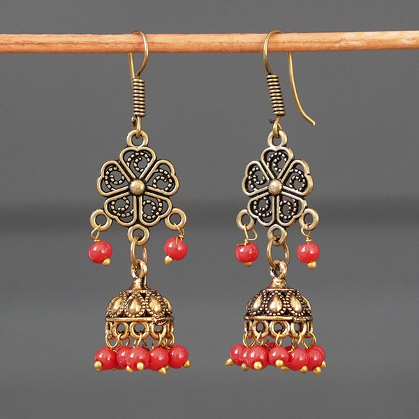 Boucles d'oreilles indiennes Jhumki dorées et rouges