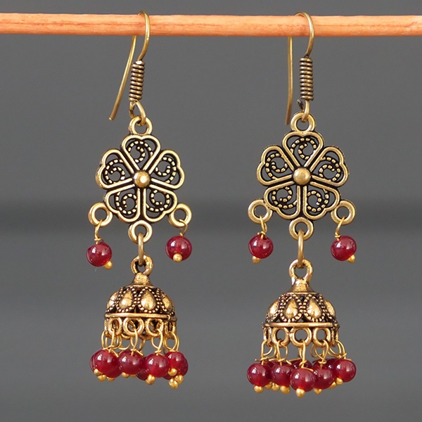 Boucles d'oreilles indiennes Jhumki dorées et bordeaux