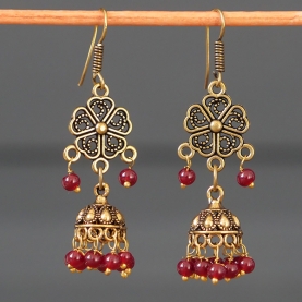 Boucles d'oreilles indiennes Jhumki dorées et bordeaux