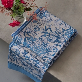 Nappe indienne en coton imprimée blanche et bleue