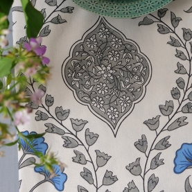 Indian printed cotton table cover grey and blue
