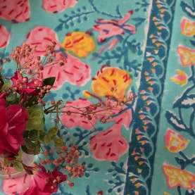 Indian printed cotton table cover cyan and pink
