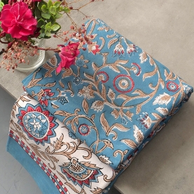Nappe indienne en coton imprimée bleue et beige