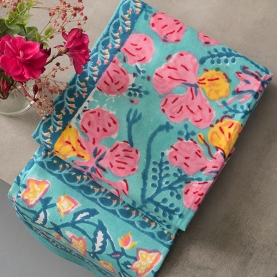 Indian printed cotton table cover cyan and pink