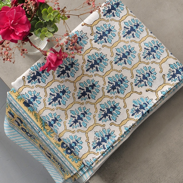 Indian printed cotton table cover cyan and beige
