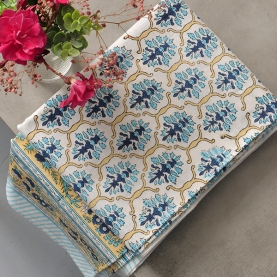 Indian printed cotton table cover cyan and beige
