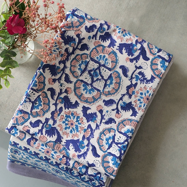 Indian printed cotton table cover blue and beige