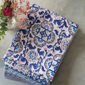 Nappe indienne en coton imprimée bleue et beige