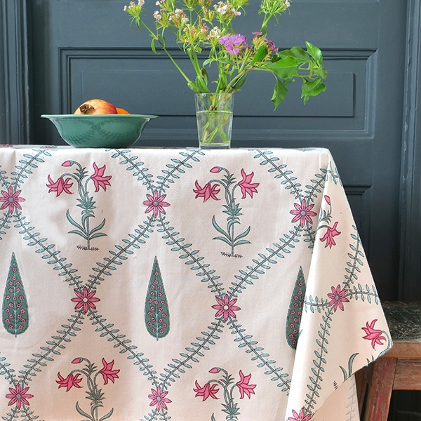 Indian printed cotton table cover pink and cyan