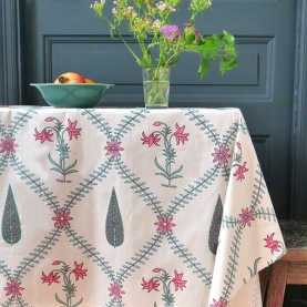 Nappe indienne en coton imprimée rose et cyan