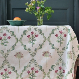 Nappe indienne en coton imprimée blanche et verte