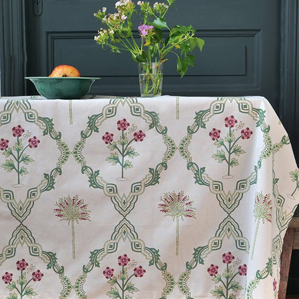 Nappe indienne en coton imprimée blanche et verte