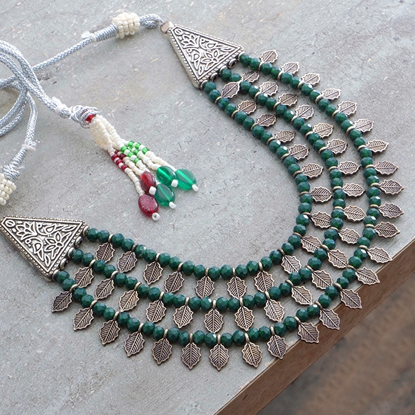 Indian ethnic bib necklace with glass pearls Dark green