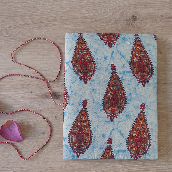 Carnet indien artisanal en coton imprimé Bleu et orange