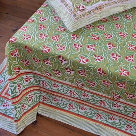 Drap de lit indien avec taies d'oreiller vert et rouge