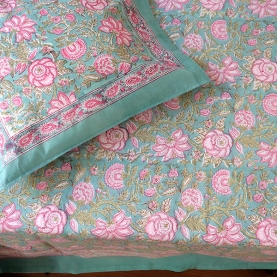 Drap de lit indien avec taies d'oreiller cyan et rose