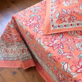 Drap de lit indien avec taies d'oreiller saumon et bleu