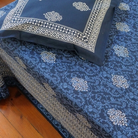 Indian printed bedsheet + pillow Navy blue and white