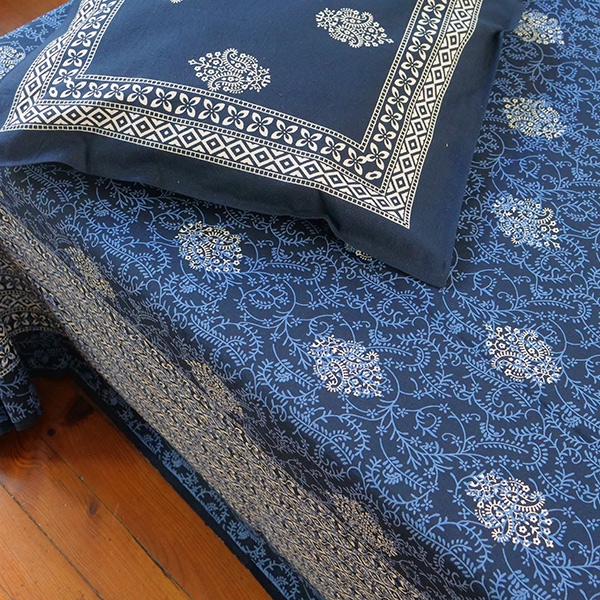 Indian printed bedsheet + pillow Navy blue and white