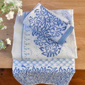Nappe indienne en coton avec 6 serviettes blanc et bleu