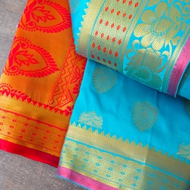 Saree indien complet satiné cyan et rouge