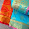 Saree indien complet satiné cyan et rouge