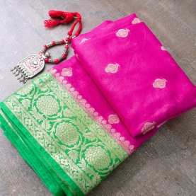Saree indien complet soyeux rose et vert