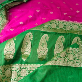 Saree indien complet soyeux rose et vert