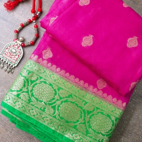 Saree indien complet soyeux rose et vert