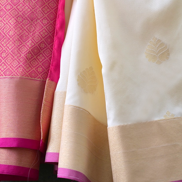 Saree indien complet satiné crème et rose