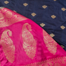 Saree indien complet soyeux marine et rose