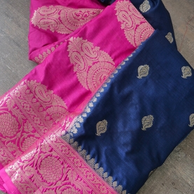 Saree indien complet soyeux marine et rose
