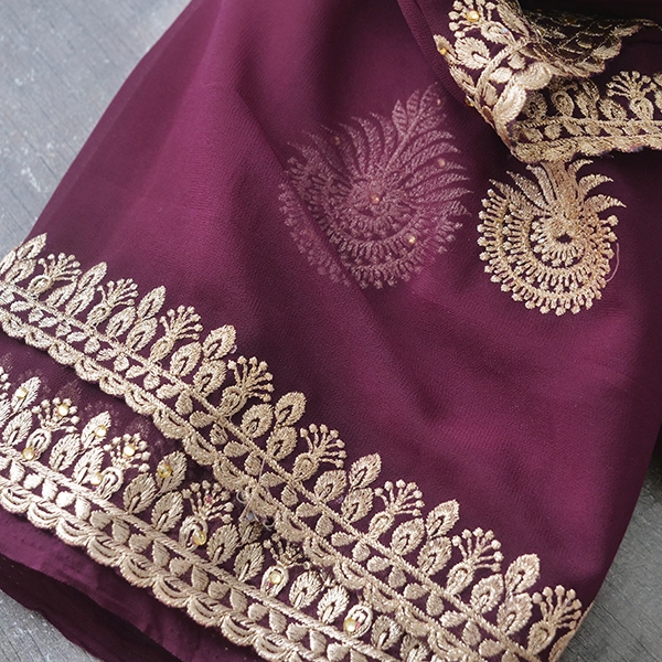 Saree indien traditionnel complet Prune