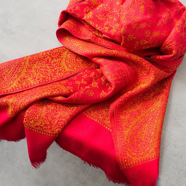 Indian knitted scarf Flowers red and golden