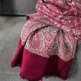 Indian knitted scarf Flowers maroon and grey