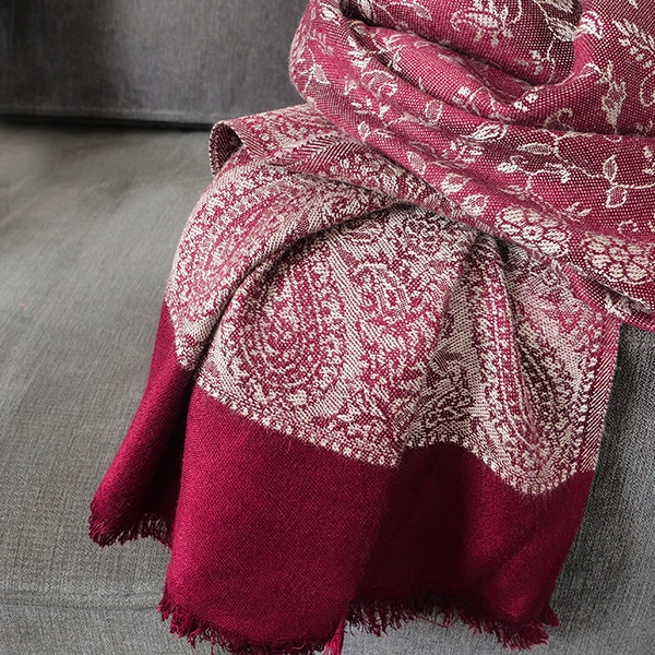 Echarpe indienne tissage floral bordeaux et gris