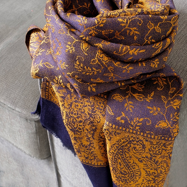 Echarpe indienne tissage floral marine et doré