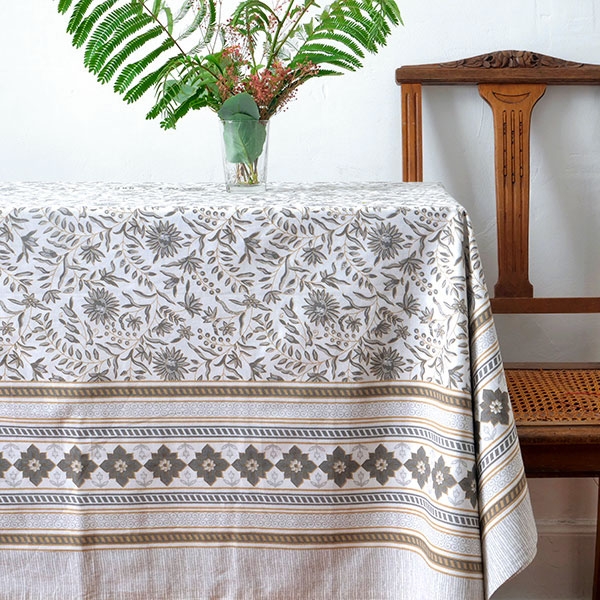Indian printed cotton table cover grey and beige