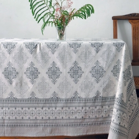 Nappe indienne en coton imprimée grise et blanche