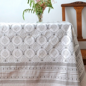 Nappe indienne en coton imprimée grise et blanche