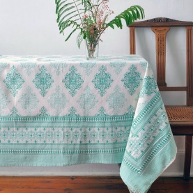 Indian printed cotton table cover green and white