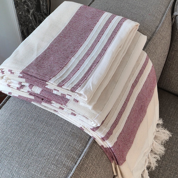 Indian cotton sofa or bed cover Kerala white and purple